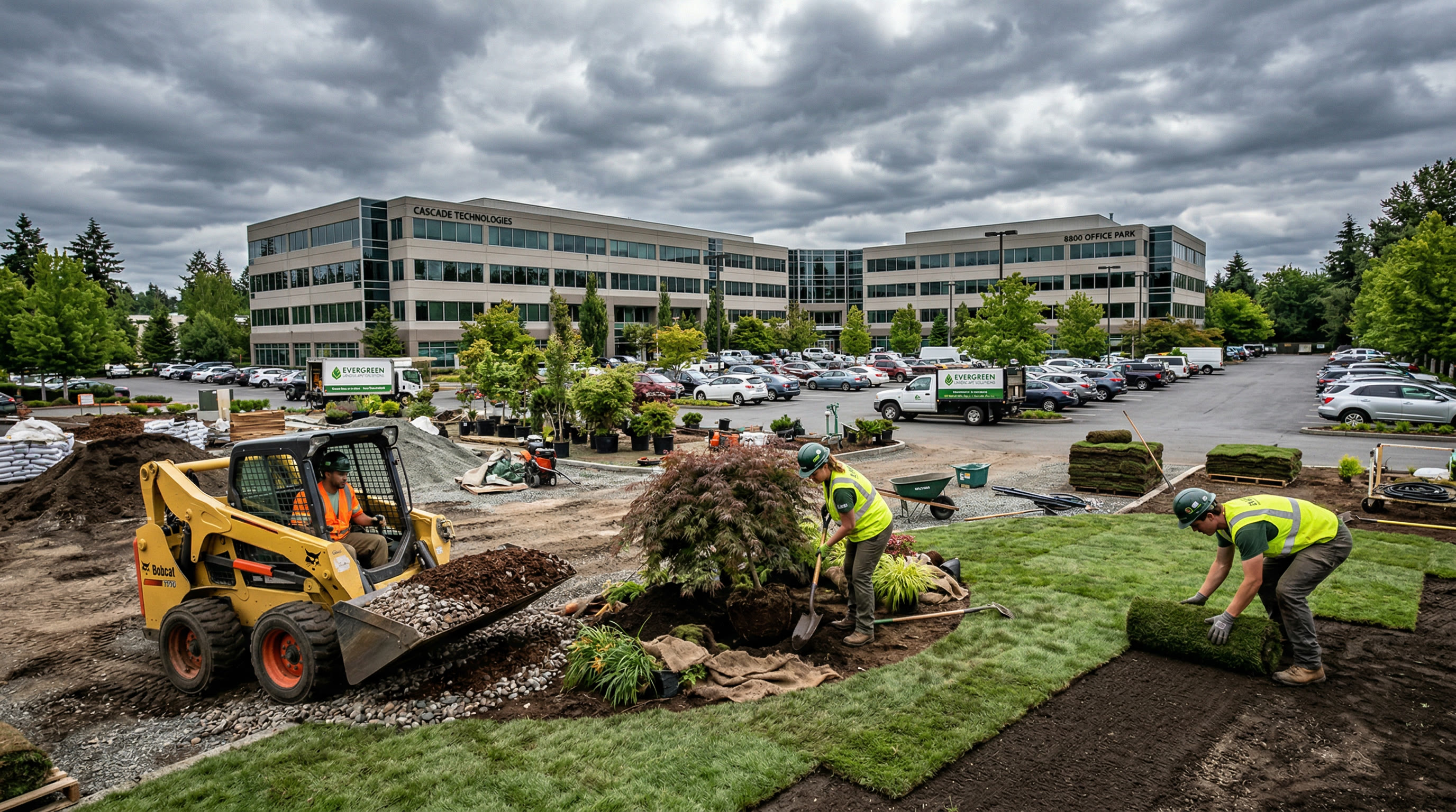 ManageMowed crew working on a large commercial landscape enhancement project