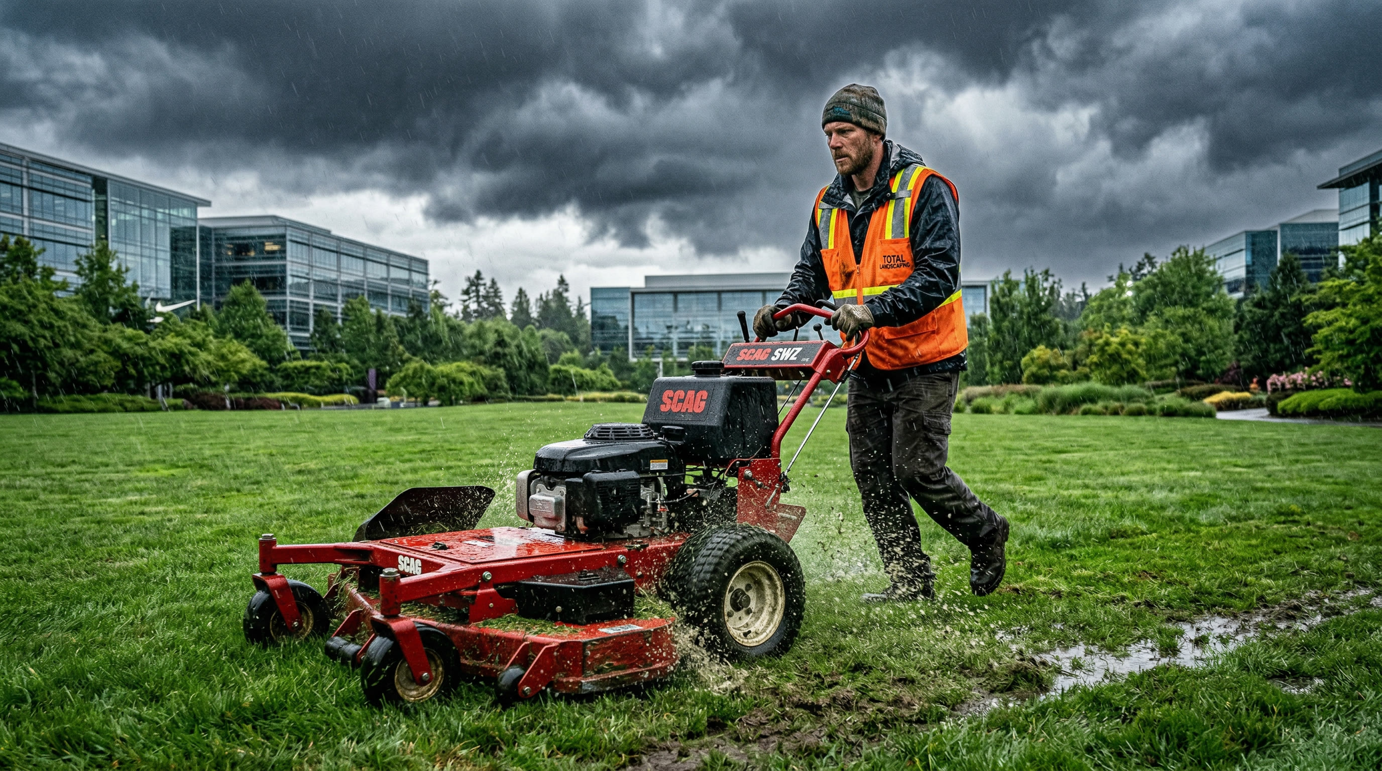 ManageMowed crew member mowing a corporate lawn in heavy Pacific Northwest rain