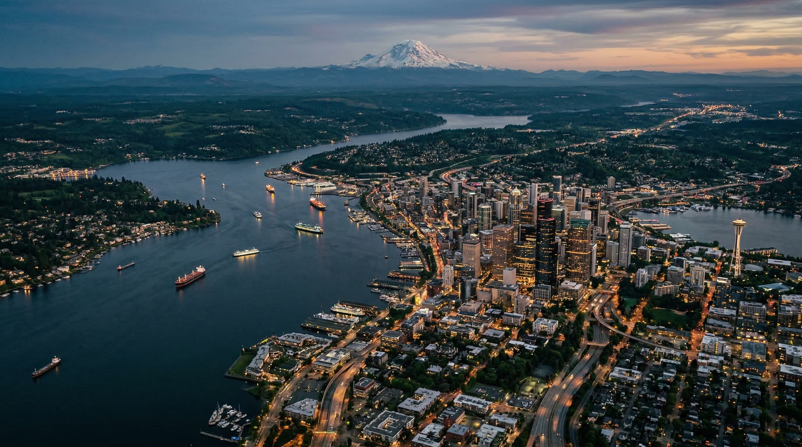 Aerial view of greater Seattle and Puget Sound at dusk
