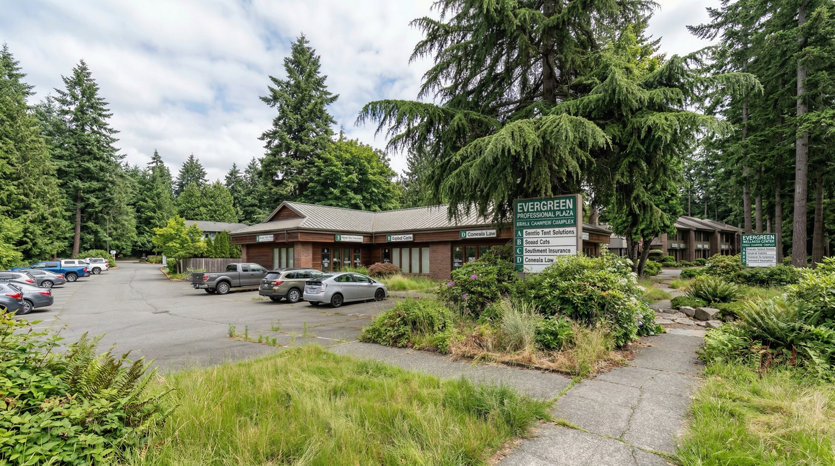 Before: Neglected commercial property with overgrown landscaping