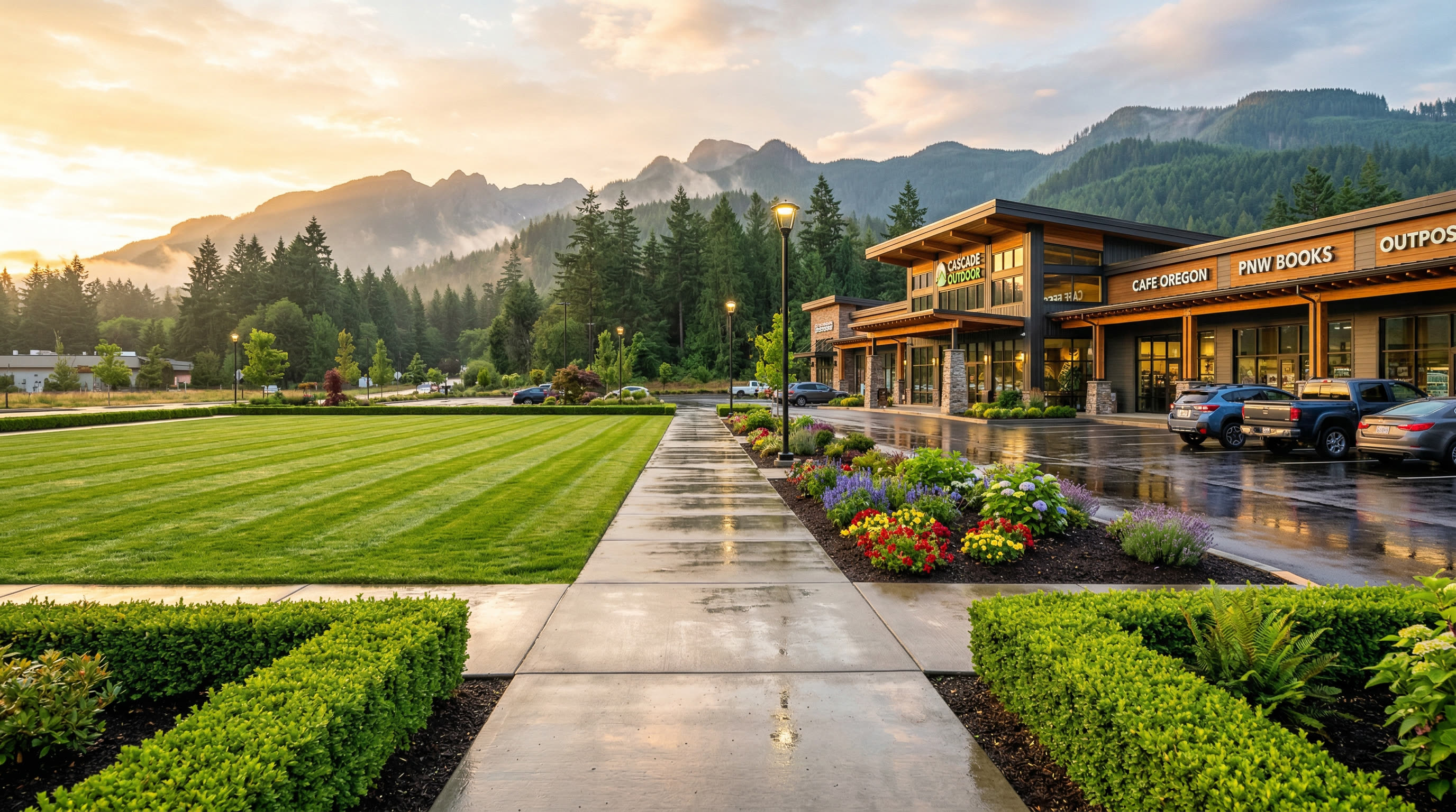 Pristine commercial property maintained by ManageMowed in the Pacific Northwest