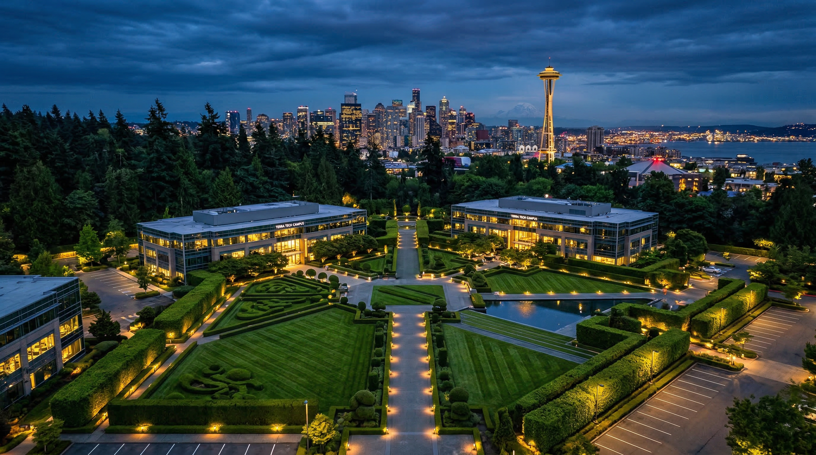 Aerial view of beautifully maintained commercial landscape with Seattle skyline